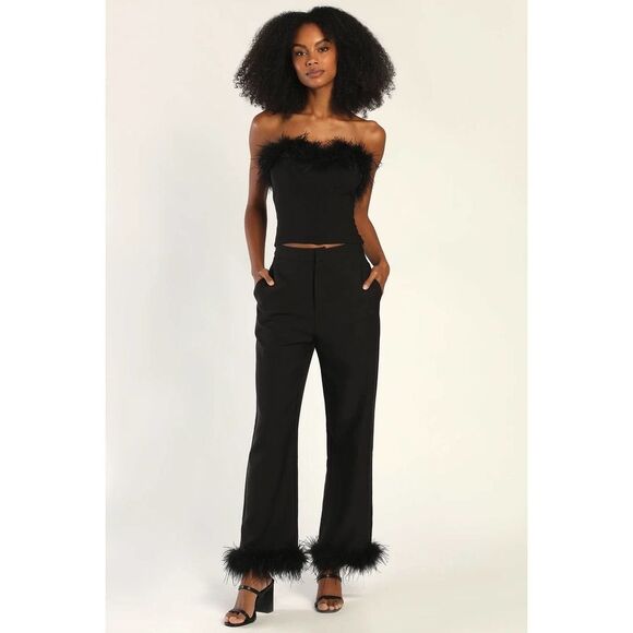 Lulu’s NWT Black Feather Trimmed Straight Leg Pants Size M - Picture 1 of 10